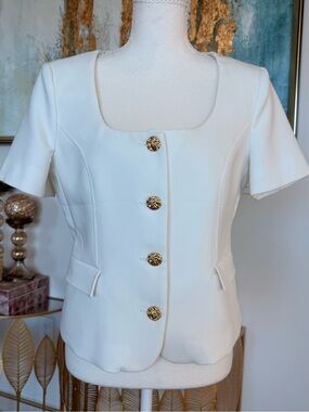 Zara Cream Short-Sleeve Structured Blazer with Gold Buttons
